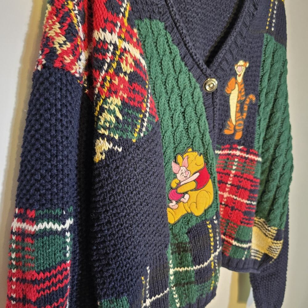 Vintage Disney Store Winnie The Pooh Tigger Piglet Patchwork Cable Knit Cardigan - Picture 4 of 6